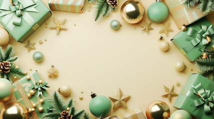 Festive Christmas background with green and gold wrapped gifts, ornaments, pine cones, and fir branches arranged in a circular frame on a beige backdrop.