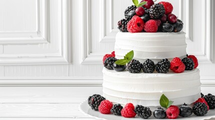 Wall Mural - Modern two tiered wedding cake with berries, AI generated