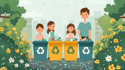 Wall Mural - environment care, a family separating their trash into recycling bins, teaching environmental respon