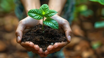 Wall Mural - environment care, hands holding rich, fertile soil with a small green plant growing from it. illustr
