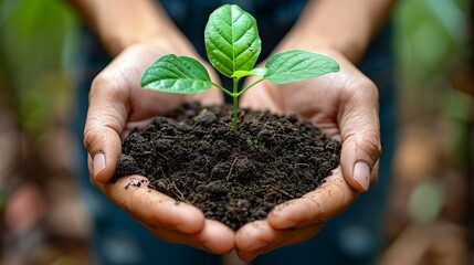 Wall Mural - environment care, hands holding rich, fertile soil with a small green plant growing from it. illustr