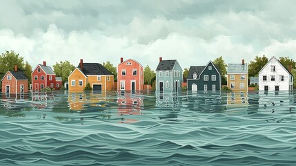 Poster - Environment concept, A coastal area with submerged houses, illustrating rising sea levels. Illustration image, Minimal Style, Clean and Clear Color,