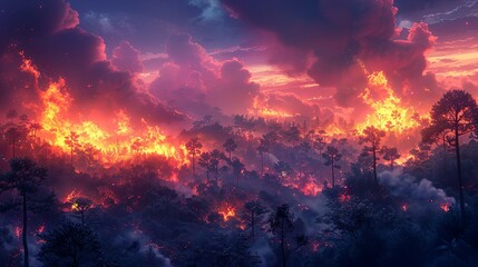 Wall Mural - environment concept, a forest area devastated by wildfires, with smoke and flames. illustration imag