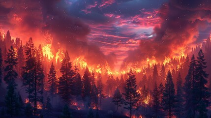 Wall Mural - environment concept, a forest area devastated by wildfires, with smoke and flames. illustration imag