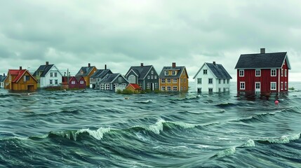 Wall Mural - environment concept, a coastal area with submerged houses, illustrating rising sea levels. illustrat