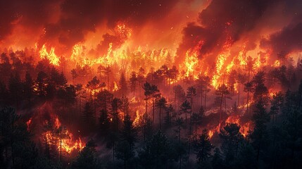 Wall Mural - environment concept, a forest area devastated by wildfires, with smoke and flames. illustration imag