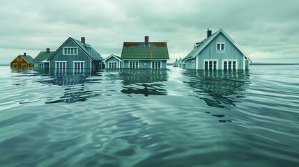 Wall Mural - environment concept, a coastal area with submerged houses, illustrating rising sea levels. illustrat