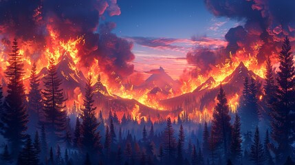 Wall Mural - environment concept, a forest area devastated by wildfires, with smoke and flames. illustration imag