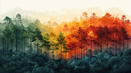 Wall Mural - environment concept, an illustration of a forest transitioning from lush greenery to burnt, charred 