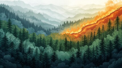 Wall Mural - environment concept, an illustration of a forest transitioning from lush greenery to burnt, charred 