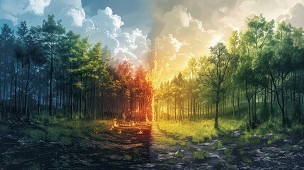 Wall Mural - environment concept, an illustration of a forest transitioning from lush greenery to burnt, charred 