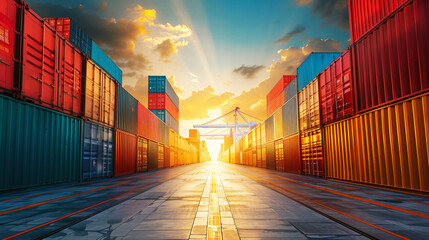 Sticker - Sunset over a container terminal with rows of multi-colored shipping containers and a distant crane under a dramatic sky. The scene is illuminated with warm, golden light.