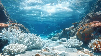 Wall Mural - environment concept, an image showing a contrast between healthy coral and bleached, dying coral ree