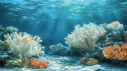 Canvas Print - Environment concept, An image showing a contrast between healthy coral and bleached, dying coral reefs. Illustration image, Minimal Style, Clean and Clear Color,