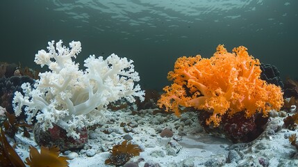 Poster - Environment concept, An image showing a contrast between healthy coral and bleached, dying coral reefs. Illustration image, Minimal Style, Clean and Clear Color,