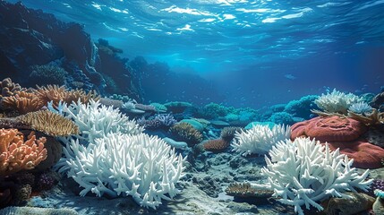 Wall Mural - environment concept, coral reefs turning white and dying, illustrating coral bleaching. illustration