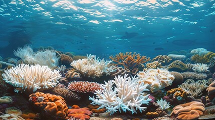 Wall Mural - environment concept, an image showing a contrast between healthy coral and bleached, dying coral ree