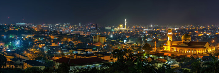 Wall Mural - Stylized Night View of Kampala's Illuminated Skyline with Mosques