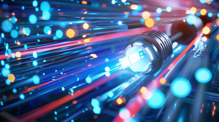 Canvas Print - Close-up of glowing fiber optic cables transmitting data in vibrant blue and orange colors, symbolizing fast internet, communication, and modern technology.