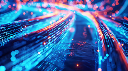 Canvas Print - Abstract image showcasing data streams in the form of glowing blue and orange lines, symbolizing high-speed internet, digital communication, and advanced technology.