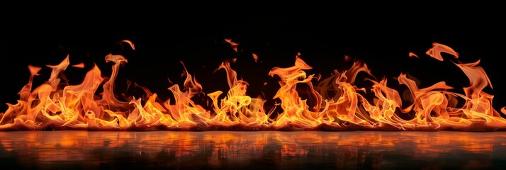 Poster - A vivid display of swirling flames against a black background. The bright orange and yellow fire creates dynamic shapes and reflects on the surface below.