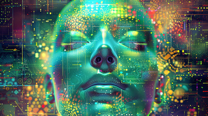 Wall Mural - A futuristic, digitally rendered image of a human face with closed eyes, overlaid with complex data patterns, circuit designs, and glowing neon elements.