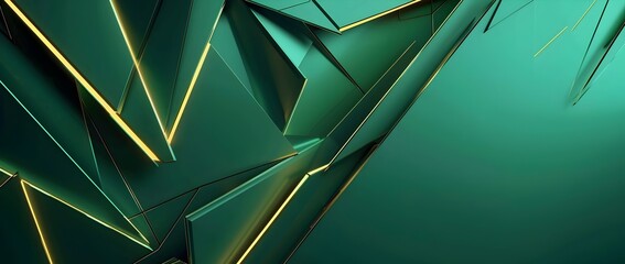 Wall Mural - Abstract Geometric Green and Gold Triangular Shapes Futuristic Modern 3D Rendered Background with Metallic Gradient Facets