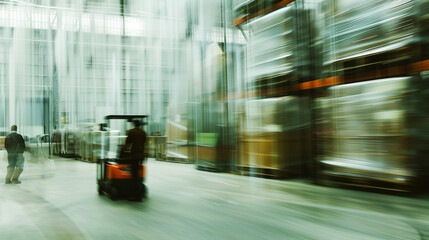 Canvas Print - Blurred motion image of a warehouse with workers and forklifts moving, emphasizing the dynamic and fast-paced environment of logistics and supply chain operations.