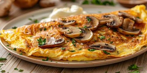 Wall Mural - Tasty mushroom omelette on a plate. Concept Food Photography, Delicious Breakfast, Recipe Inspiration