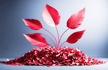 Wall Mural - Striking, artistic arrangement of vibrant red leaves emerging from a mound of scattered petals on a blue background, creating a dynamic and colourful visual contrast.