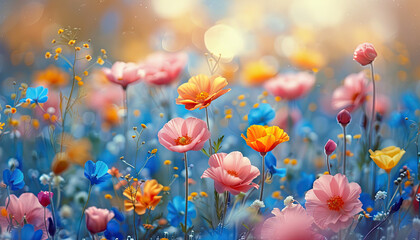 Wall Mural - A field of flowers with a blue sky in the background by AI generated image