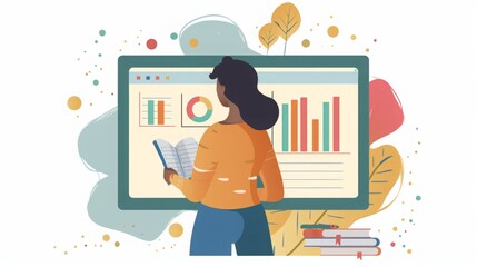 Poster - A woman sits in front of a computer screen displaying various graphs, analyzing data and information.