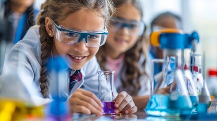 Poster - Several young women in a laboratory setting are actively engaged in conducting scientific experiments.