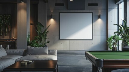 Wall Mural - Sleek and Minimalist Game Room with Blank Poster Frame Ready for Dynamic Artwork Display