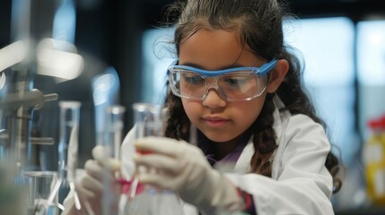 Poster - A girl in a lab coat concentrates on her work, carefully examining a test tube in a laboratory setting.