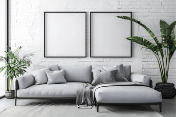 Mock Up two Poster Frames on the white brick wall in minimalist interior living room with couch, luxury interior, 3d interior illustration.