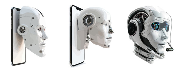 Poster - AI chatbot depicted as a robot head floating above a phone screen. The mobile AI chatbot communicates with users via messenger. 