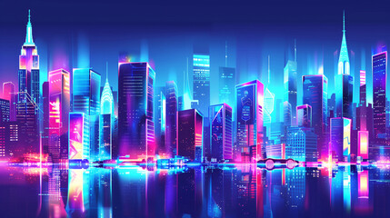 Canvas Print - Vibrant cityscape at night featuring illuminated skyscrapers with neon lights in various colors and reflections on a calm water surface in a futuristic setting.