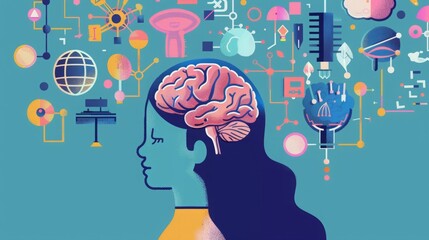 Poster - A close-up of a womans head with a brain visible, surrounded by various icons representing different concepts.