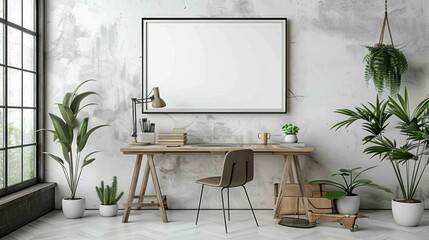 Wall Mural - Elegant Minimalist Home Office with Framed Wall Decor and Lush Greenery