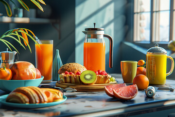 Poster - A table with a variety of fruits and juices, including oranges, kiwis