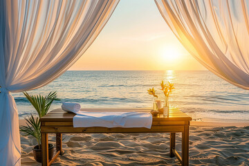 Poster - A beach scene with a wooden bench and a table with a vase of flowers on it