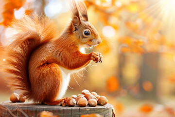 Canvas Print - A squirrel is sitting on a log with a pile of acorns in front of it