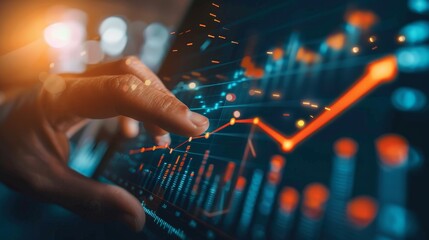 Intimate view of a hand gesturing towards an upward arrow on a graph, representing a corporate growth roadmap, focused and clear