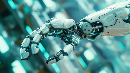 Wall Mural - Close-up of a highly detailed robotic arm and hand with futuristic design and intricate mechanical parts, set against a blurred, tech-themed background.