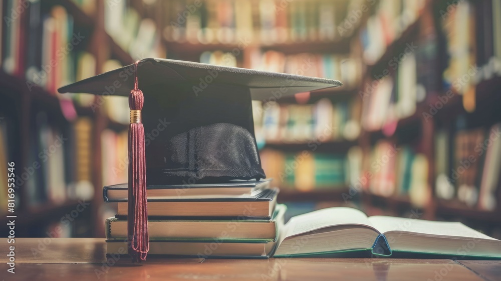 Graduation Library Books Photo Stock A graduation cap is placed on top of a stack of books in a ...