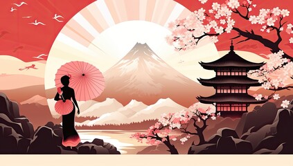 Wall Mural - A woman in a red kimono stands in front of a cherry blossom tree. The scene is serene and peaceful,