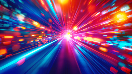 Wall Mural - Abstract digital background with dynamic neon light trails converging towards the center, creating a sense of speed and motion in futuristic vibrant colors.