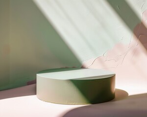 Poster - Minimalist Mockup with Round Pastel Green Podium on Soft Pink Background for Product Display under Diffused Sunlight