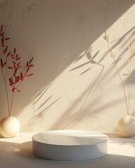 Canvas Print - Minimalist Beige Podium Setup in Warm Sunlit Studio for Elegant Product Display